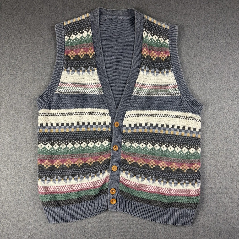 Vintage 90s Cardigan Sweater Vest Women XL Whimsical Fair Isle Knit Multicolor